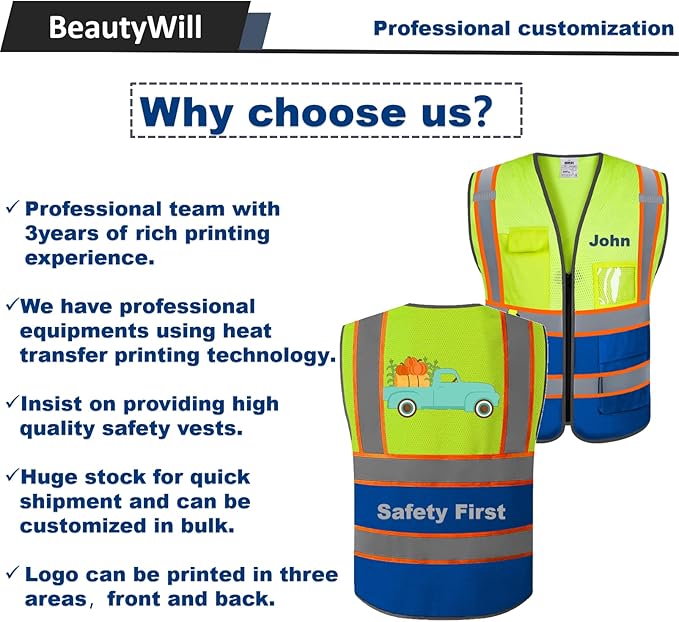 BeautyWill Custom Logo Safety Vest Class2 High Visibility Reflective Vest Breathable Construction Vest
