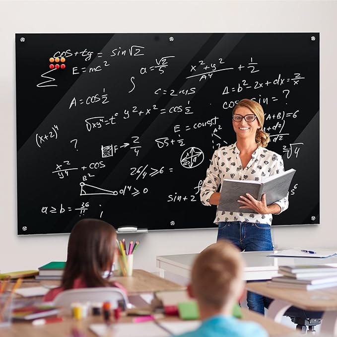 MaxGear Glass Whiteboard 72" x 48"(6' x 4') Wall Mounted, Magnetic Black Dry Erase Board with 1 Eraser, 1 Accessory Tray, 4 Markers and 6 Magnets, Extra Large Frameless Board for Office, School, Home