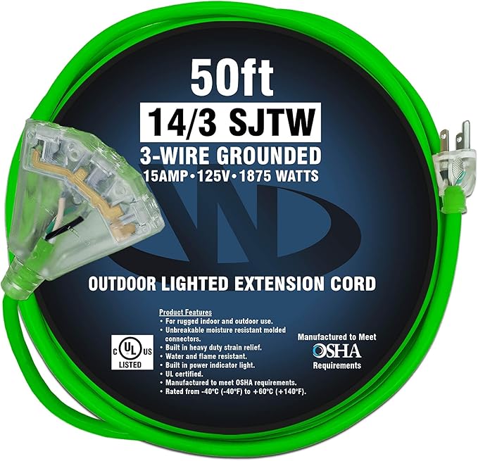 50 ft Outdoor Extension Cord Waterproof - 14 Gauge Heavy Duty Extension Cord 50 ft - Lighted Outdoor Extension Cords with Multiple Outlets - Watts Wire - 50' Grounded - extensiones electricas