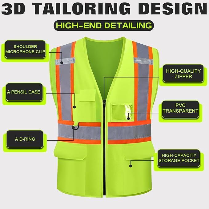Safety Vest Customize Logo with 5 Pockets & Zipper Reflective High Visibility Vest Class 2 Outdoor Workwear