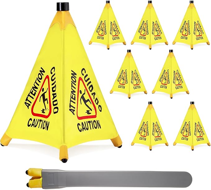 8 Pcs Pop up Wet Floor Sign with Storage Tube 20 Inch Wet Safety Signs Commercial Caution Safety Cone Pop up Caution Sign for Commercial Stores Grocery Restaurant Restroom Office Use