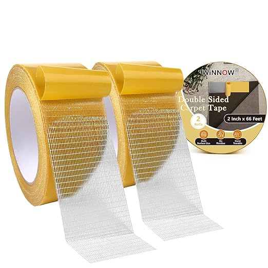 WINNOW Heavy Duty Double Sided Rug Tape 2 Inch x 66 Feet – Carpet Tape Gripper for Wood, Tile & Carpet, Non‑Slip, Strong Hold, Removable, 2 Rolls
