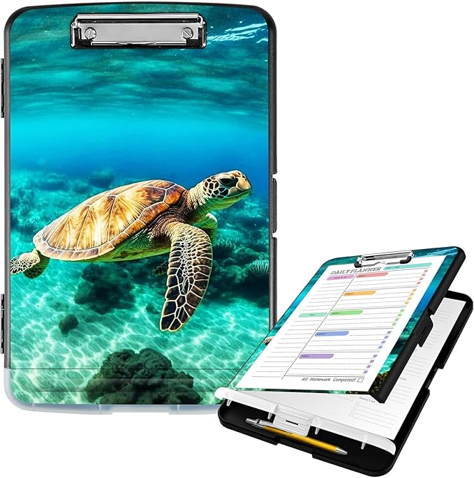 Clipboard with Storage High Capacity Plastic Nursing Clipboards with Pen Holder File Folder Storage Box Clipboard with Heavy Duty Clips for Teacher,Doctor,Offices-Sea Turtle
