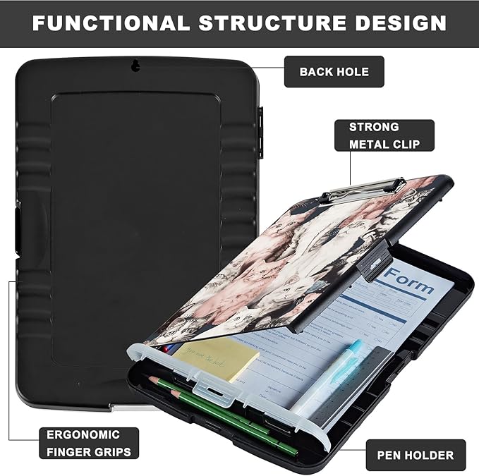 Clipboard with Storage,Storage Clipboard with Pen Holder,Heavy Duty Plastic Storage Clipboard with Low Profile Clip, Clipboard Folder, Teacher Must Haves, Office Supplies,Many Cute Cats