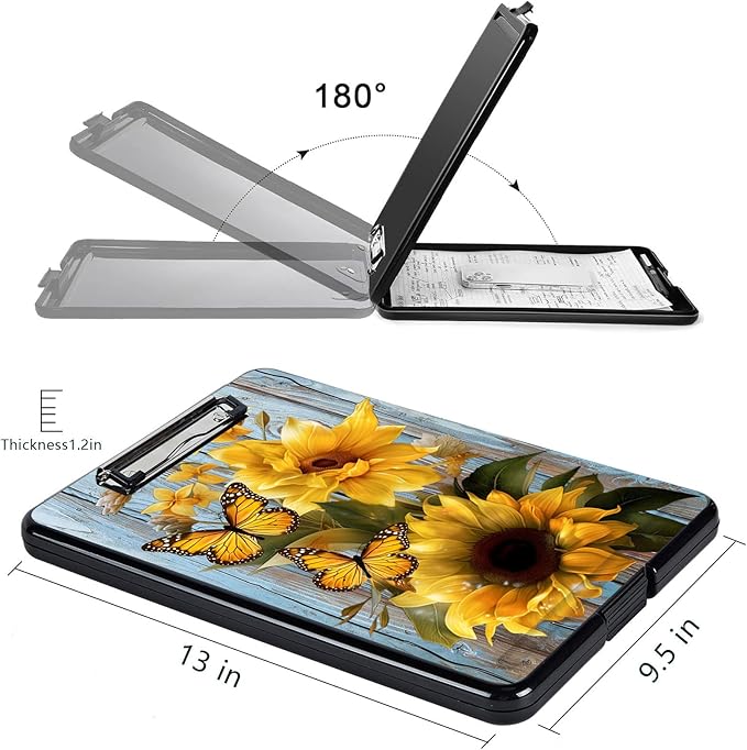 Clipboard with Storage, High Capacity Plastic Storage Clipboard with Low Profile Clip for Women Teachers Work, School & Office Supplies, Cute Pattern Decorative Clipboards, Sunflower Butterfly