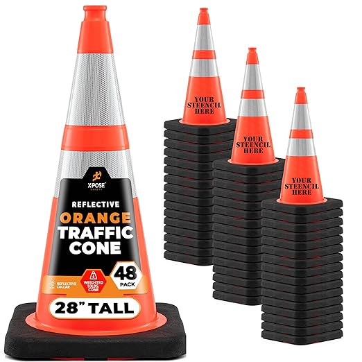 Xpose Safety 28 Inch Orange Traffic Cones Heavy Duty 10lb with 6" & 4" Collars, 48 Pack - Multipurpose PVC Plastic Safety Cone for Parking, Soccer, Caution, Kids and Construction - DOT Approved