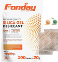 20g x 100 Packs Fonday Rechargeable Silica Gel Desiccant Packets Food Grade Fast Reactivate Desiccant Bags Moisture Indicating Orange to Green for Food Storage, Electronics, 3D Filament & Safes
