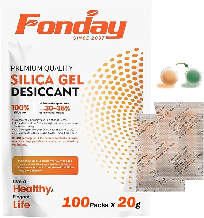 20g x 100 Packs Fonday Rechargeable Silica Gel Desiccant Packets Food Grade Fast Reactivate Desiccant Bags Moisture Indicating Orange to Green for Food Storage, Electronics, 3D Filament & Safes