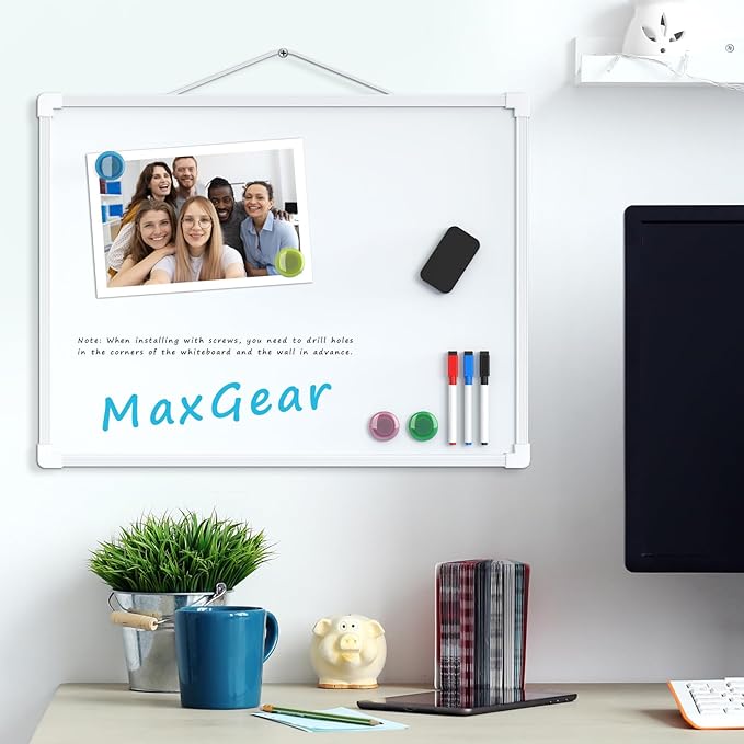 MaxGear Double-Sided Dry Erase Board for Wall, 16"x12" Hanging Whiteboard, Small Dry Erase White Board with 3 Markers & 4 Magnets, Portable Whiteboard for Planning, Drawing, Memo, to Do List