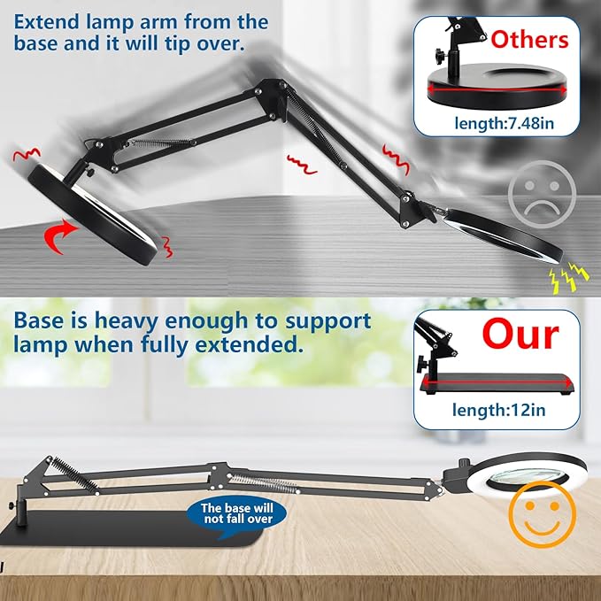 HITTI 12X Magnifying Glass with Light, 2025 New Upgrade Infinite Color and Stepless Dimming Desk Large Lamp & Clamp, 2-in-1 LED Hands Free Lighted Magnifier Stand for Crafting Hobby Soldering Reading