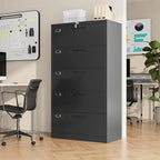 File Cabinet 5 Drawer, Lateral Filing Cabinet with Lock, Metal File Cabinets for Home Office, Office Cabinet for Hanging Files Letter/Legal/F4/A4, Assembly Required, Black
