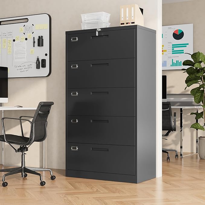File Cabinet 5 Drawer, Lateral Filing Cabinet with Lock, Metal File Cabinets for Home Office, Office Cabinet for Hanging Files Letter/Legal/F4/A4, Assembly Required, Black