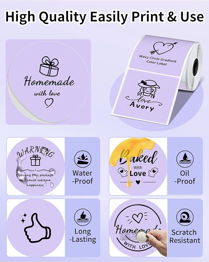 Phomemo Circle Labels for M110/M110S/M120/M200/M220 Label Maker, 1.96" x 1.96"（50x50 mm） Round Thermal Label for Barcode Labels, DIY Logo Design, Purple