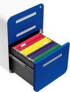 Laura Davidson Furniture Stockpile 3 Drawer File Cabinet with Lock - Under Office Desk Metal Filing Cabinet, Legal/Letter File Folders, Wheels and Stationary Feet, Pre-Assembled, Blue Faceplate