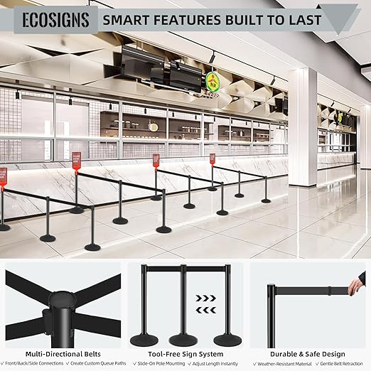 ECOSlGNS 6 Pack Commercial-Grade Stanchions with Retractable Belts - Black Stanchion Posts Set Crowd Control Barriers 10ft Line Dividers with Weighted Rubber Base & Sign Holders for Queue Management