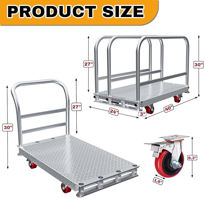 2IN1 Steel Panel Cart Dolly – Large Heavy Duty Drywall Lumber Truck Cart with 2700 LBS Capacity, 40 x 24 Inch 2.2MM Steel Plate, 6.3" Swivel Brake Wheels, 1 Front & 3 Side Handrails