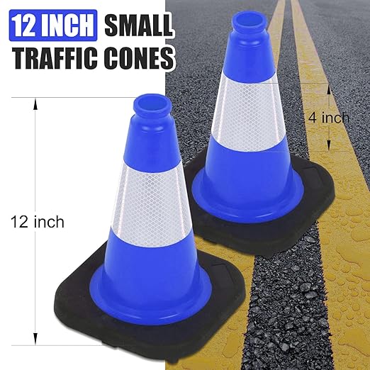 6 Pack 12" Inch Blue PVC Traffic Cones with Heavy-Duty Base, High-Visibility All-Weather Safety Cones for Road Construction, Parking Lot, and Garage Use (6, Blue, 12" Small)