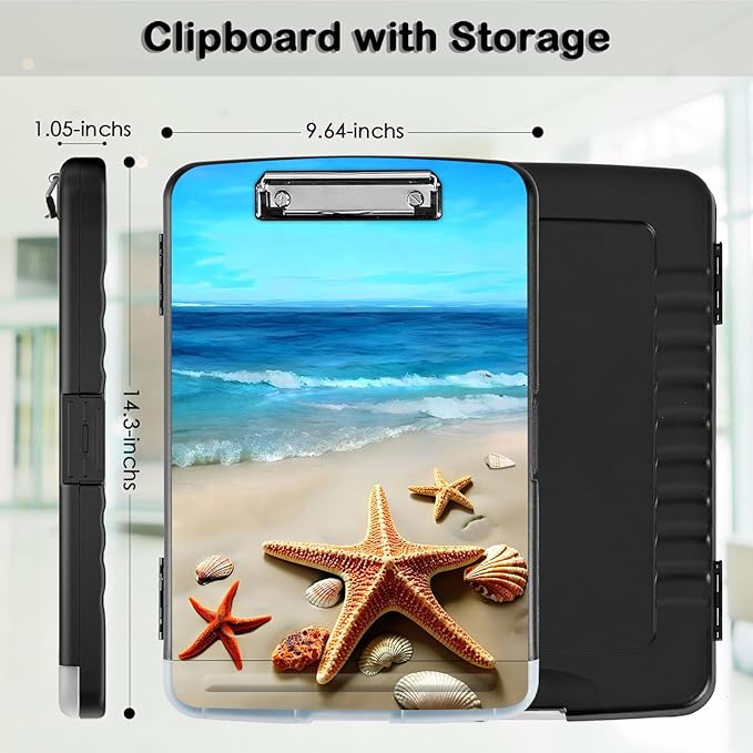 Clipboard with Storage,Office Supplies Nursing Clipboards Folder with Pen Holder Plastic Storage ClipBoard Foldable for Teacher Nurse,Beach Starfish