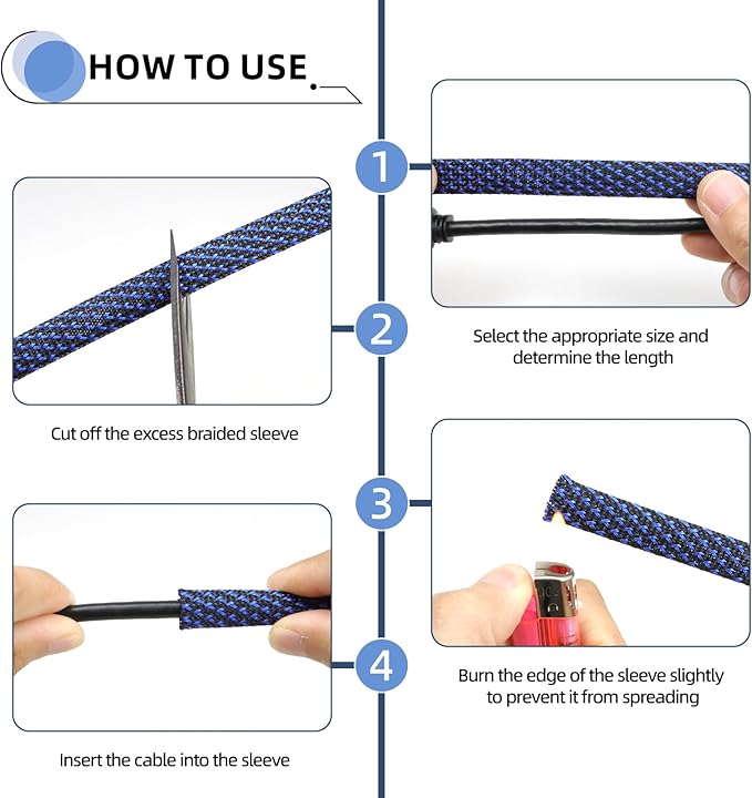 Braided Cable Sleeving, PET Expandable Braided Cable Sleeve, Flexible Mesh Sleeving Cord Management for Audio Video and Other Home Device, Cord Protector from Pets (Black Blue-2, 3/8")