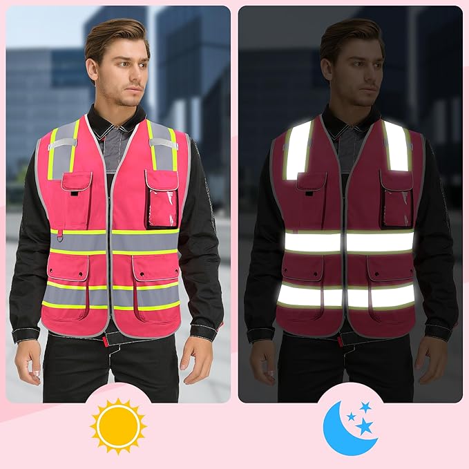 Reflective Safety Vest for Men Women, High Visibility Safety Vest with 8 Pockets Zipper Front, Meets ANSI Standards