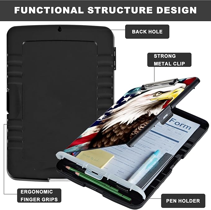 Clipboard with Storage,Heavy Duty Plastic Storage Clipboard with Low Profile Clip,Teacher Must Haves,Office Supplies,American Flag Owl