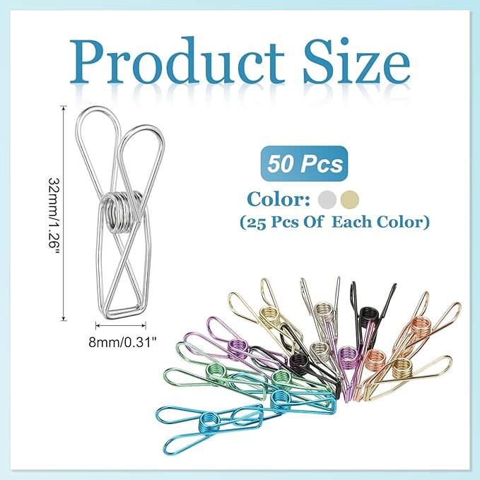 PATIKIL 50Pcs Paper Office Binder Clips, 1.26" Small Metal Wire Hollow Out Paper Clamps Long Tail Binder Clips for Photo Clothes Hanging Office Home Kitchen Food Package, Silver/Gold