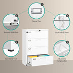 4 Drawer Lateral File Cabinet with Lock,White Lateral Filing Cabinet,Horizontal Metal Filing Cabinet,Locked Wide Four Drawer File Cabinet for Office Home,Fit A4/F4/Letter/Legal File,-Assembly Required
