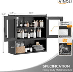 VINGLI Metal Wall Cabinet with Locking Glass Doors, Adjustable Shelf, Wall Mounted Storage Display Cabinets for Garage, Kitchen, Home Office, Warehouse, Living Room, Black