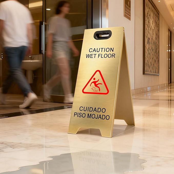 4 Pack Stainless Steel Wet Floor Sign, 24 Inch Caution Wet Floor Sign Portable Foldable Bilingual Safety Warning for Hotel Market Restroom Restaurant Office (Gold)