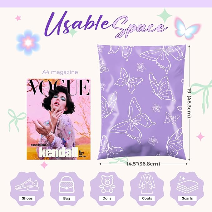 Metronic Poly Mailers 14.5x19 Inch 50pc Shipping Bags for Clothes,Self Adhesive Shipping Envelopes for Small Business,Waterproof Mailers Poly Bags for Shipping,Packaging Mailing Bags Purple Butterfly