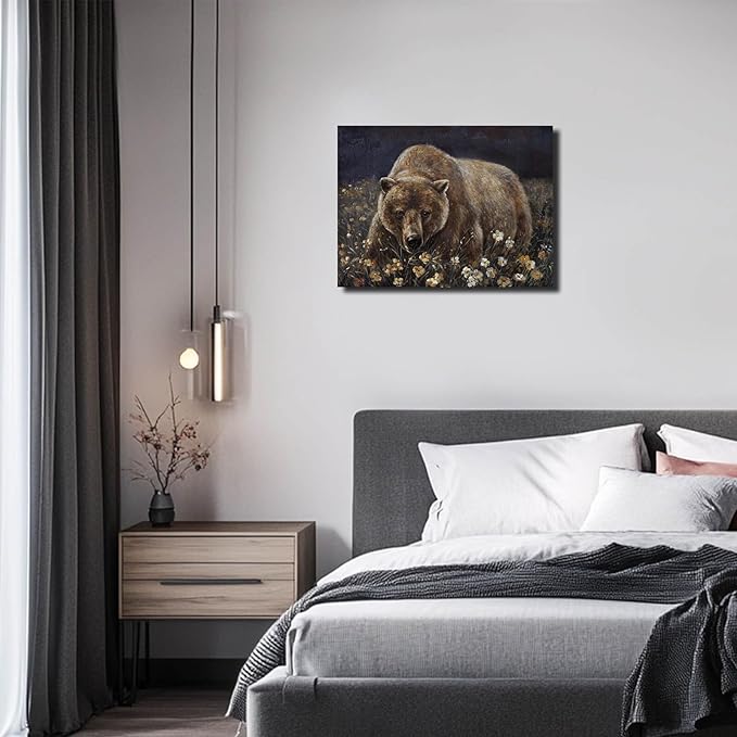 ZHENGYIN Brown Grizzly Bear Wall Art, Rustic Cabin Lodge Wildlife Canvas Print, Mountain Forest Animal Wall Decor for Living Room Bedroom Office, 12x16 Inch