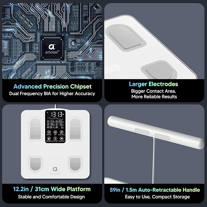 arboleaf Scale for Body Weight, Smart Scale with BMI, Body Fat, Muscle Mass, 26 Metrics Full Body Composition Analyzer, 8-Electrode High Precision Digital Bathroom Scale, Bluetooth Sync, White