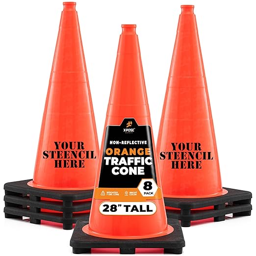 Xpose Safety 28 Inch Orange Traffic Cones, 8-Pack - Multipurpose PVC Plastic Safety Cone for Parking, Soccer, Caution, Kids and Construction - DOT Approved