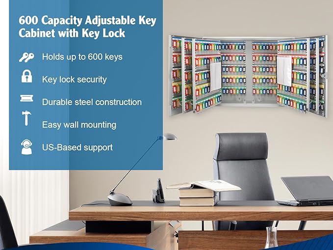 Barska 600 Position Key Cabinet – Wall Mount Key Safe with Numbered Hooks, Index Log Sheet, Colored Tags, Adjustable Dividers, Steel Construction for Office or Commercial Use