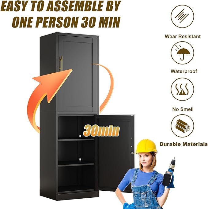 2 Door Metal Locker Cabinet, 19.7’’W Narrow Vertical Steel Storage Cabinet with Locking Door and 4 Adjustable Shelves, Garage Tool File Cabinets for Office, Kitchen, Bathroom, Black