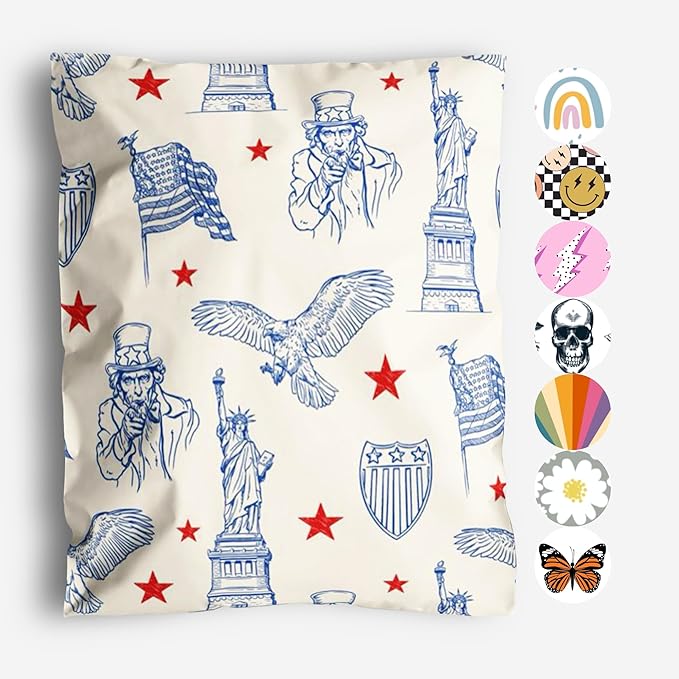 10x13 Poly Mailers – American Patriotic Design – Waterproof, Tear-Resistant Shipping Bags with Adhesive Seal – 100 Pack – Package Mint