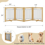 Wire Dog Gate Solid Wood Frame, Anti-Chewing, 4-Panel, 24" Height, 80" Width, Indoor Freestanding Pet Gate Foldable Wooden Dog Fences for Stairs, House, Doorway, Oak Color