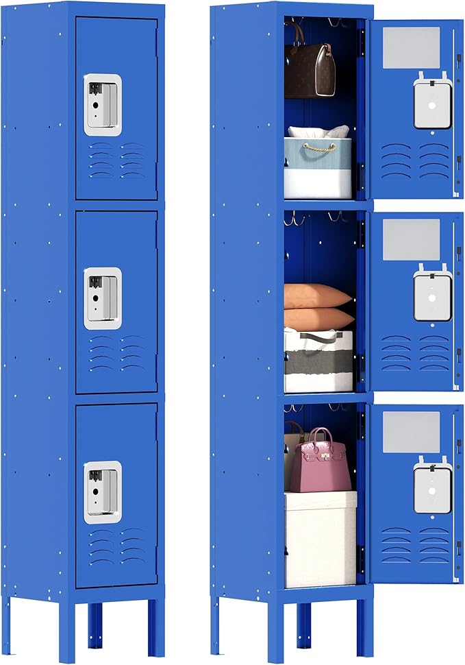 3 Tier Metal Lockers for Employees 66" Blue Storage Locker with Doors and Shelves,Steel Lockable Cabinet with Hooks Gray Tall Locker for School Office Gym Home Garage