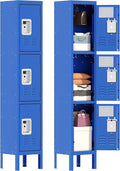 3 Tier Metal Lockers for Employees 66" Blue Storage Locker with Doors and Shelves,Steel Lockable Cabinet with Hooks Gray Tall Locker for School Office Gym Home Garage