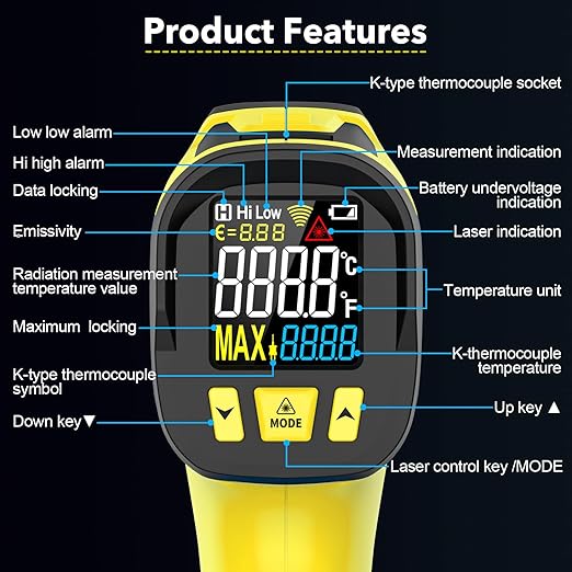 Infrared Thermometer Gun, Digital Laser Thermometrer Temperature Gun with Color LCD for Cooking, Pizza Oven, HVAC, IR Temp Gun with K-Probe, Adjustable Emissivity,-40°F to 1472°F(-40~800°C)