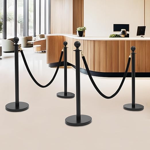 4 PCS Stanchion Posts with 2 Velvet Ropes, Black & Gold Crowd Control Barriers with Fillable Base, Stainless Steel Ball Top Poles for Event, Red Carpet, Museum & Wedding Decor