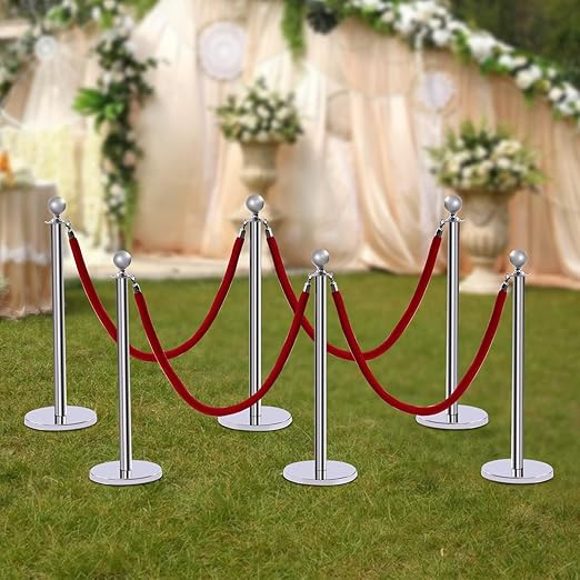 6 PCS Stanchions and Velvet Ropes Set, Hollow Base with Stainless Steel Post&4 Red Velvet Ropes, Crowd Control Barriers for Party Supplies, High-end Venues, Museums