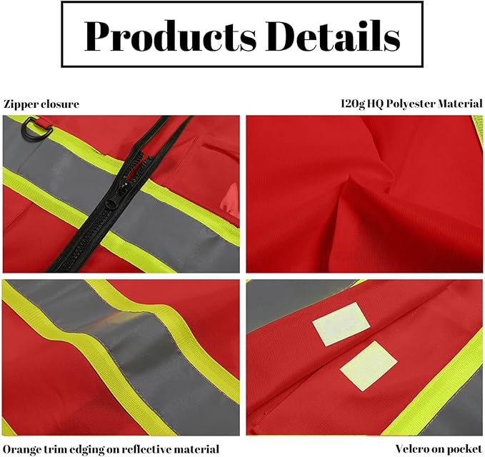 Safety Vest Reflective High Visibility with 5 Pockets ＆Zipper Class 2 Adult Unisex Construction Security Workwear