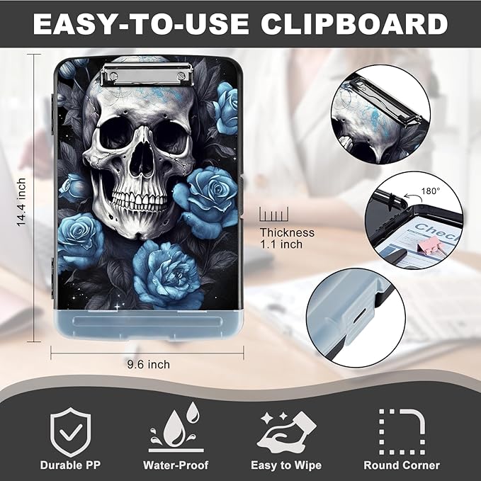 Clipboard with Storage,Heavy Duty Plastic Storage Clipboard with Low Profile Clip,Teacher Must Haves,Office Supplies,Blue Skull Rose Flower