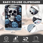 Clipboard with Storage,Heavy Duty Plastic Storage Clipboard with Low Profile Clip,Teacher Must Haves,Office Supplies,Blue Skull Rose Flower