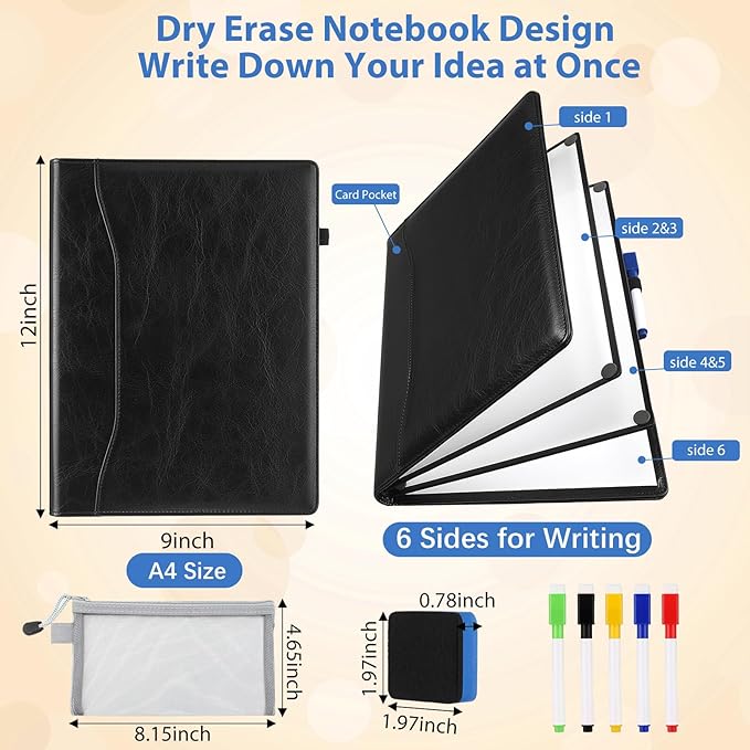 6 Sides Whiteboard Notebook Portable Whiteboard Dry Erase Notebook Portable Dry Erase Board Double Sided Folding Whiteboards White Board for Office Study Meeting (Black,A4: 9"×12”)
