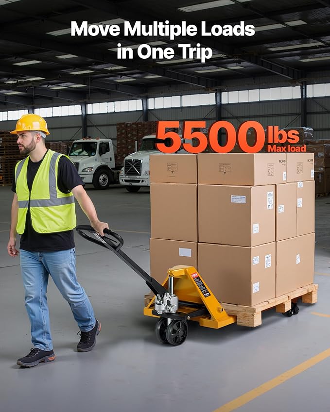 VEVOR Pallet Jack, 5500 lbs Load Capacity, Manual Pallet Truck with 48L x 27W Inch Forks for Material Handling, 3.35-7.1 Inch Fork Lift Height Range, Suitable for Warehouse, Supermarket, Manufacturing