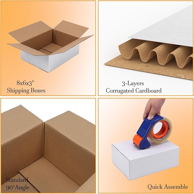 PETAFLOP 8x8x3 Shipping Boxes Set of 25, Small White Cardboard Mailer Box for Packing, Mailing, Business