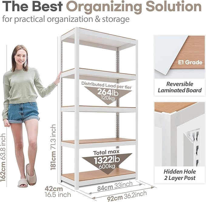 HOMEDANT House 5 Tier Laminated Metal Shelving Unit Adjustable Storage Utility Rack Heavy Duty Shelves Organization Multipurpose Shelf Kitchen Garage Pantry Closet (4, (M) 36.2" W, White)