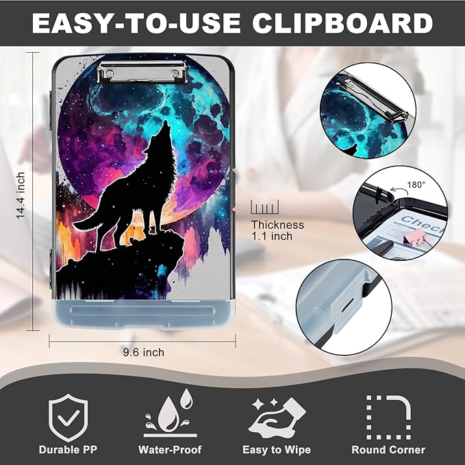 Clipboard with Storage,Heavy Duty Plastic Storage Clipboard with Low Profile Clip,Teacher Must Haves,Office Supplies,Planet Wolf